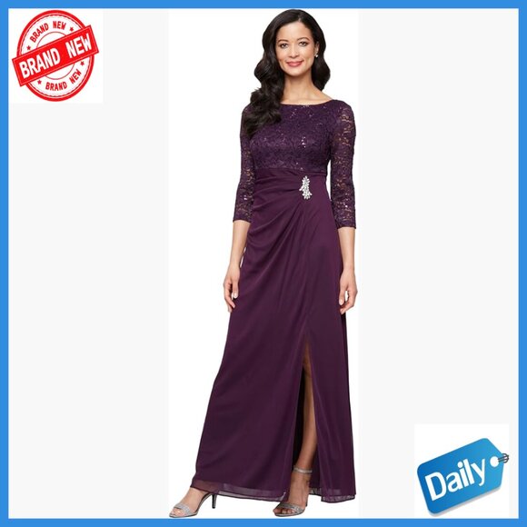 Formal Long Dress with Stretch Lace Bodice & Hip Embellishment